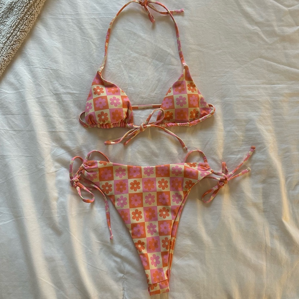 NWOT Aurelle swim pink and orange checkered bikini size XS